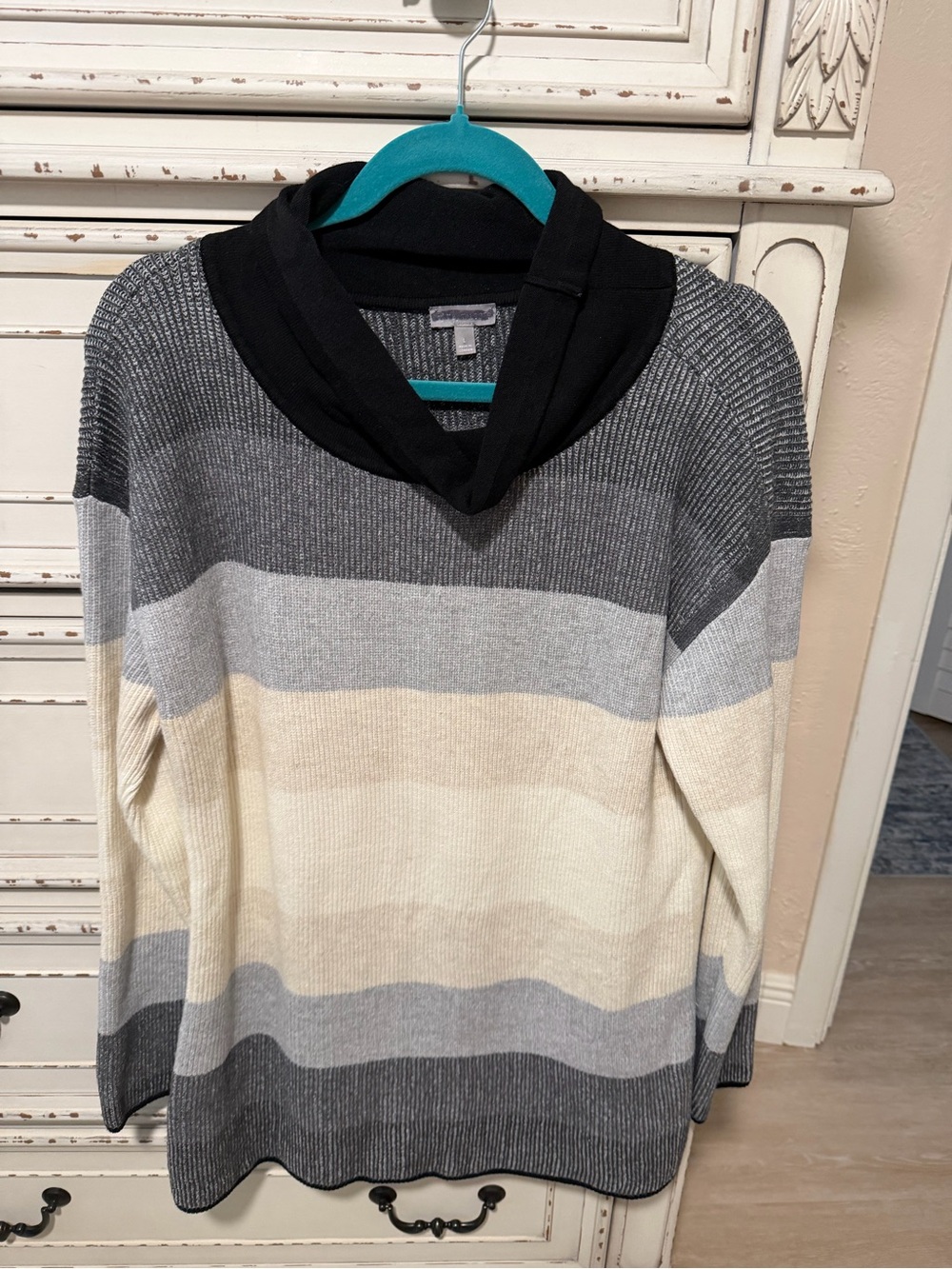 Super Soft Talbots Striped Cowl Neck Sweater - Black, Gray, Cream- Clearance